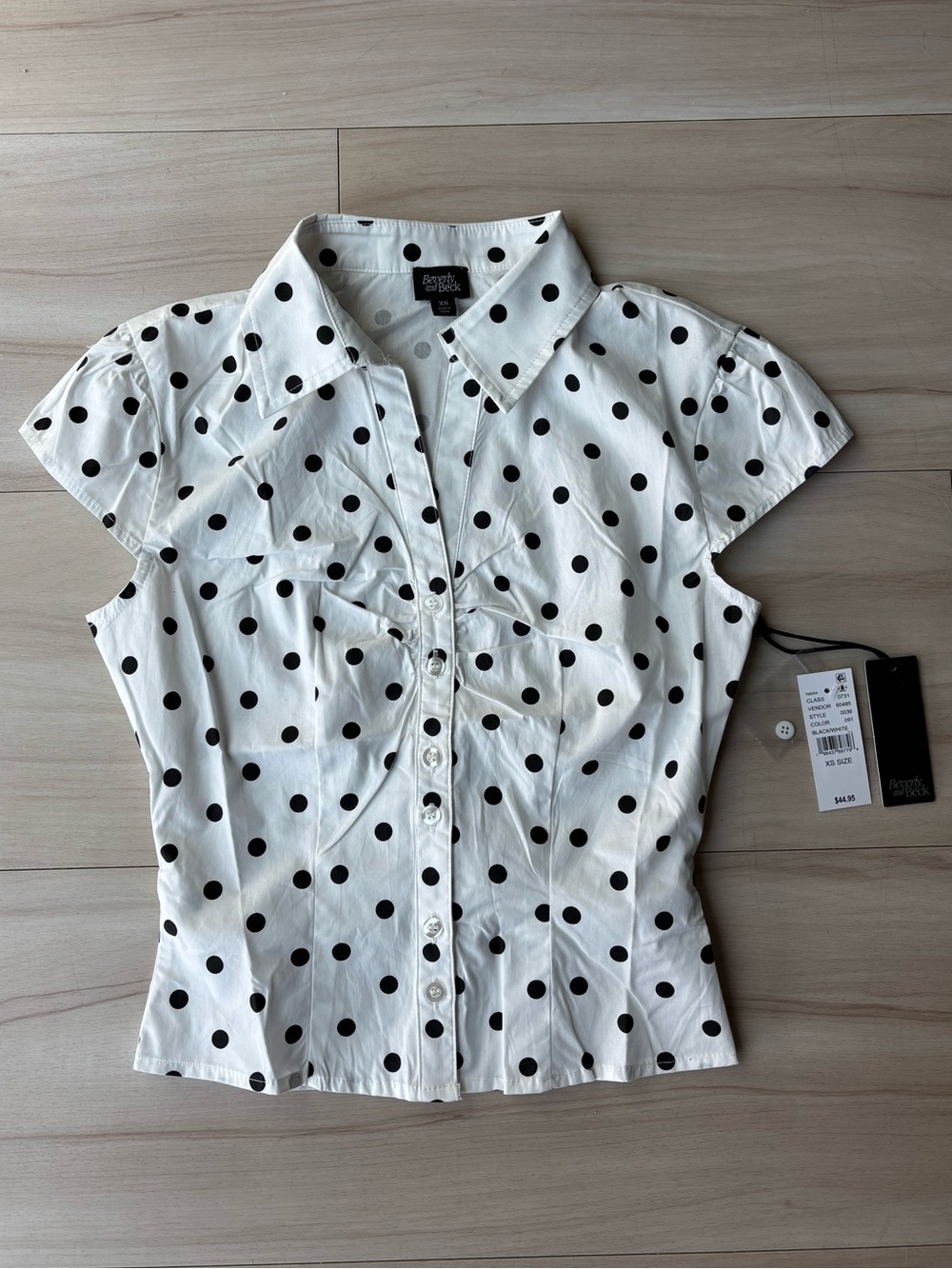 Beverly and Beck White + Black Polka Dot Fitted Button-Up Cap Sleeve Top